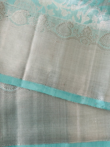 ShopNaya Exclusive | Metallic Kanchipuram Pure Silk Saree | Pastel Cyan Blue | Pure Silver Zari | Handwoven | Ships from California